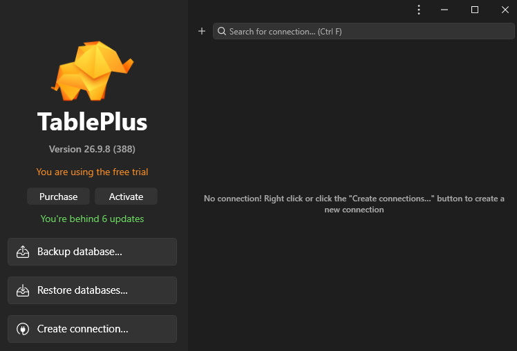TablePlus with Create connection visible